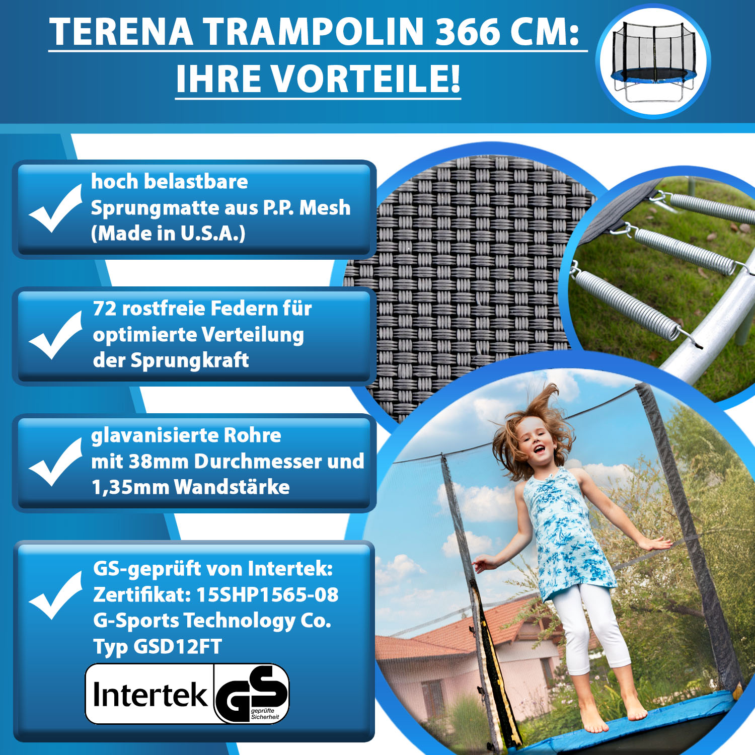 Terena Sicherheitsnetz Trampolin 366 mit - bis 150kg