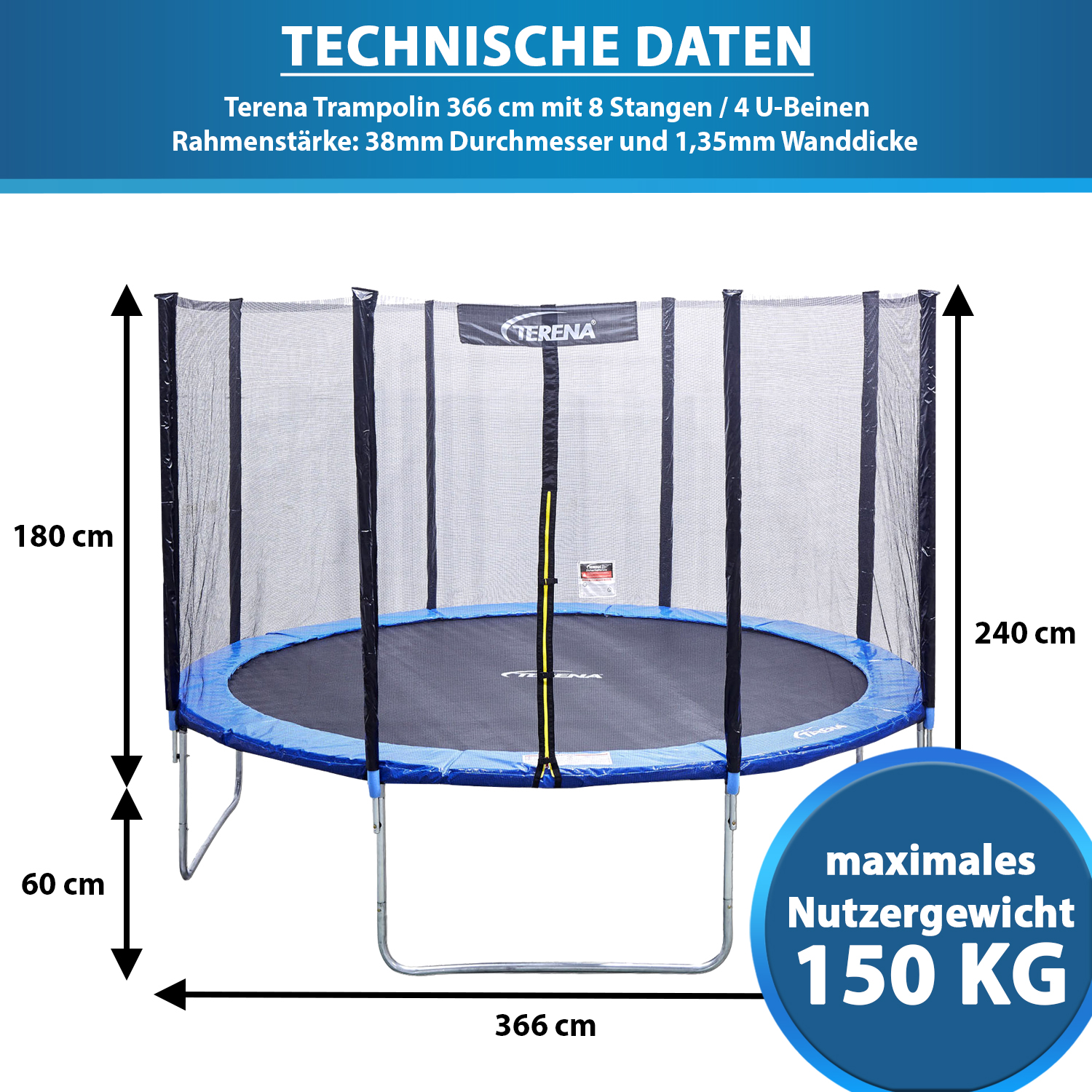 Terena Sicherheitsnetz Trampolin 366 mit - bis 150kg